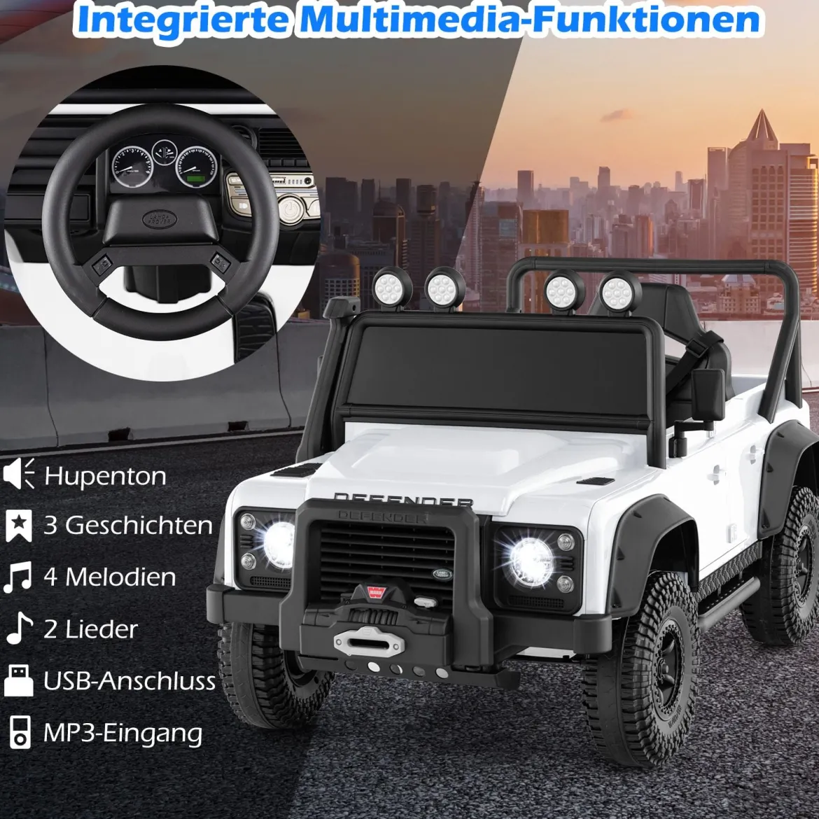 Land Rover Defender Elektroauto Kinder Elektrofahrzeug mit Eltern-Fernbedienung Weiß