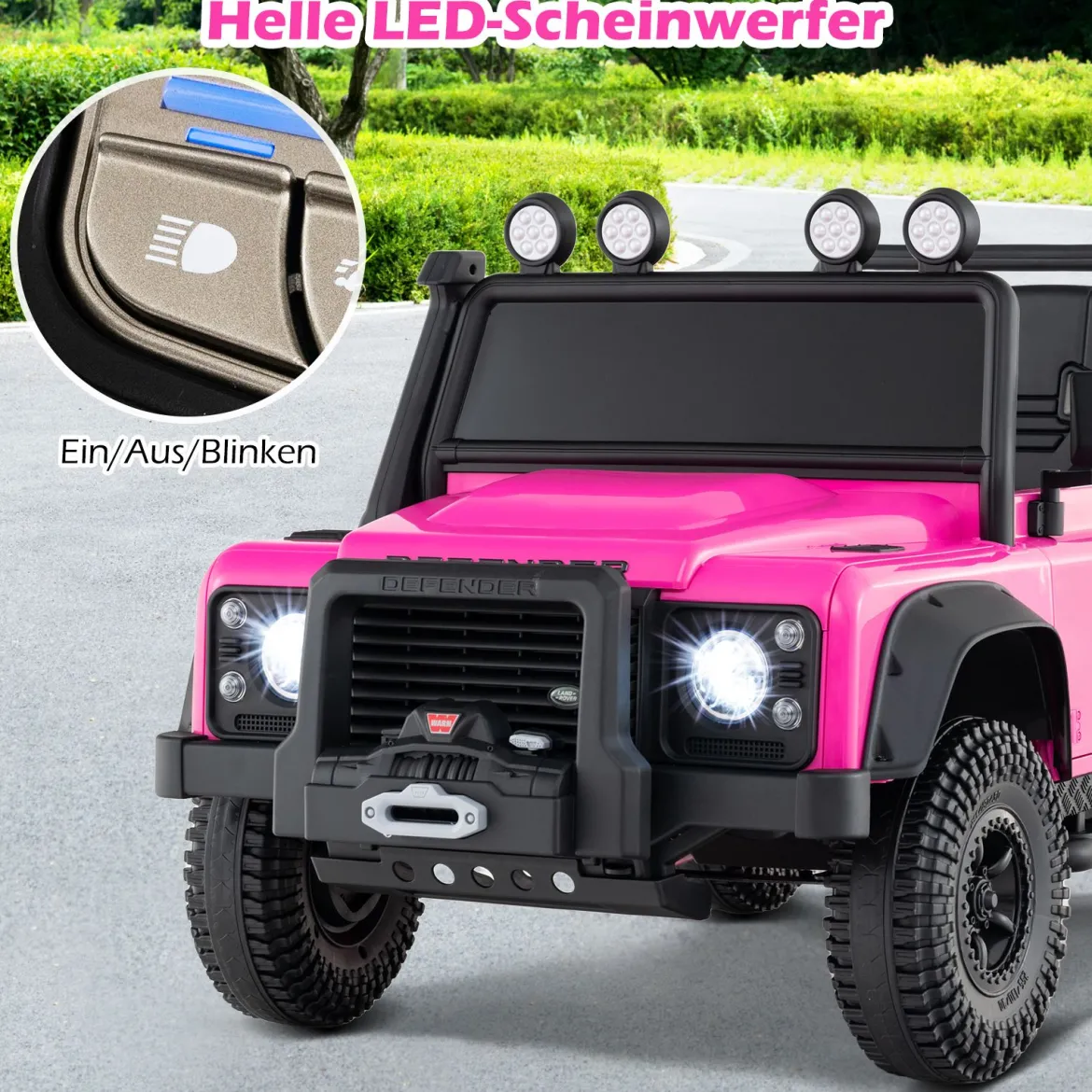 Land Rover Defender Elektroauto Kinder Elektrofahrzeug mit Eltern-Fernbedienung Vollfederung Scheinwerfern Rosa