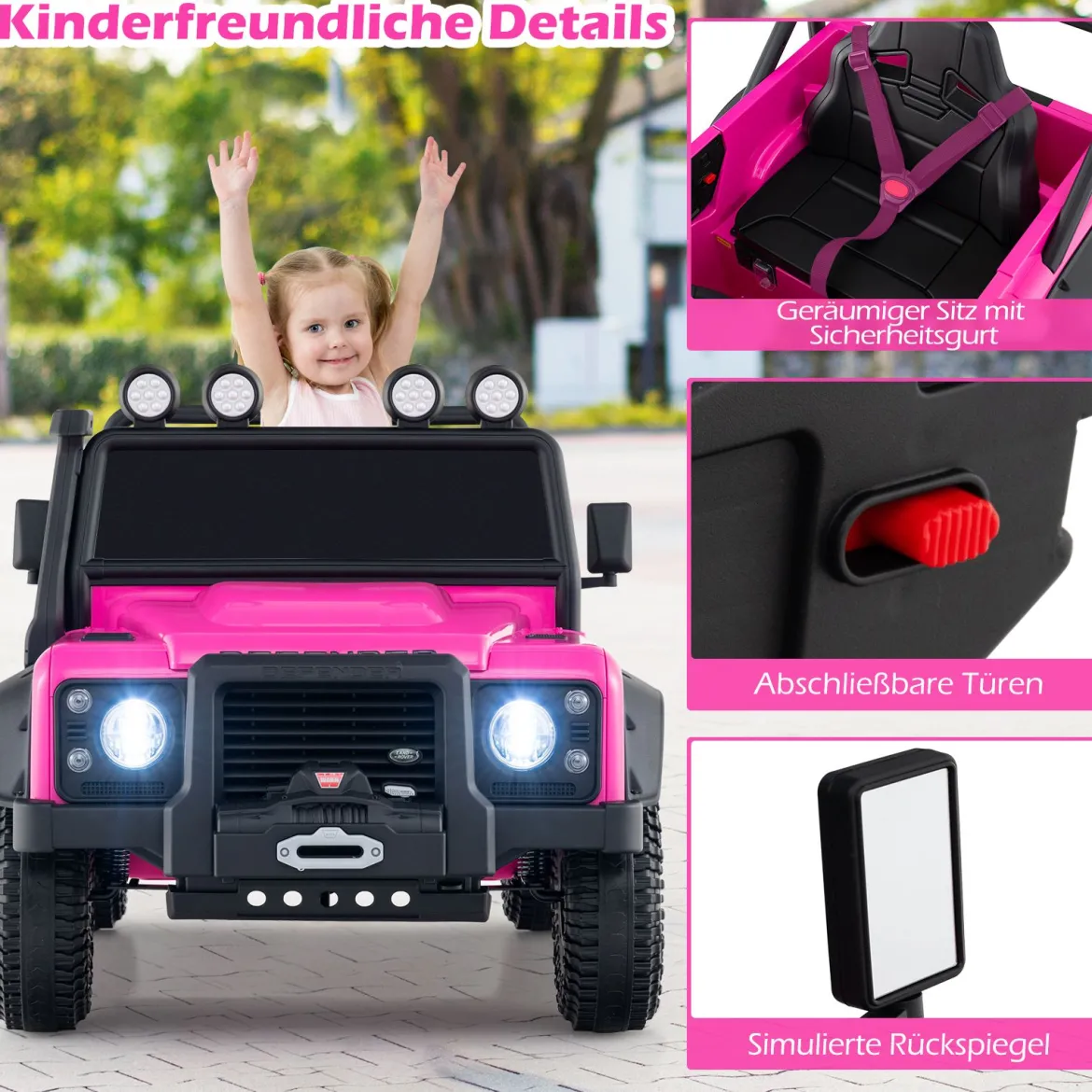 Land Rover Defender Elektroauto Kinder Elektrofahrzeug mit Eltern-Fernbedienung Vollfederung Scheinwerfern Rosa