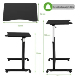 Laptoptisch Computertisch mit 4 Rollen Höhenverstellbar 95 x 52 x 70 - 107 cm Schwarz