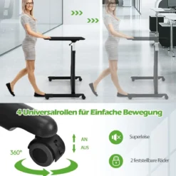 Laptoptisch Computertisch mit 4 Rollen Höhenverstellbar 95 x 52 x 70 - 107 cm Schwarz