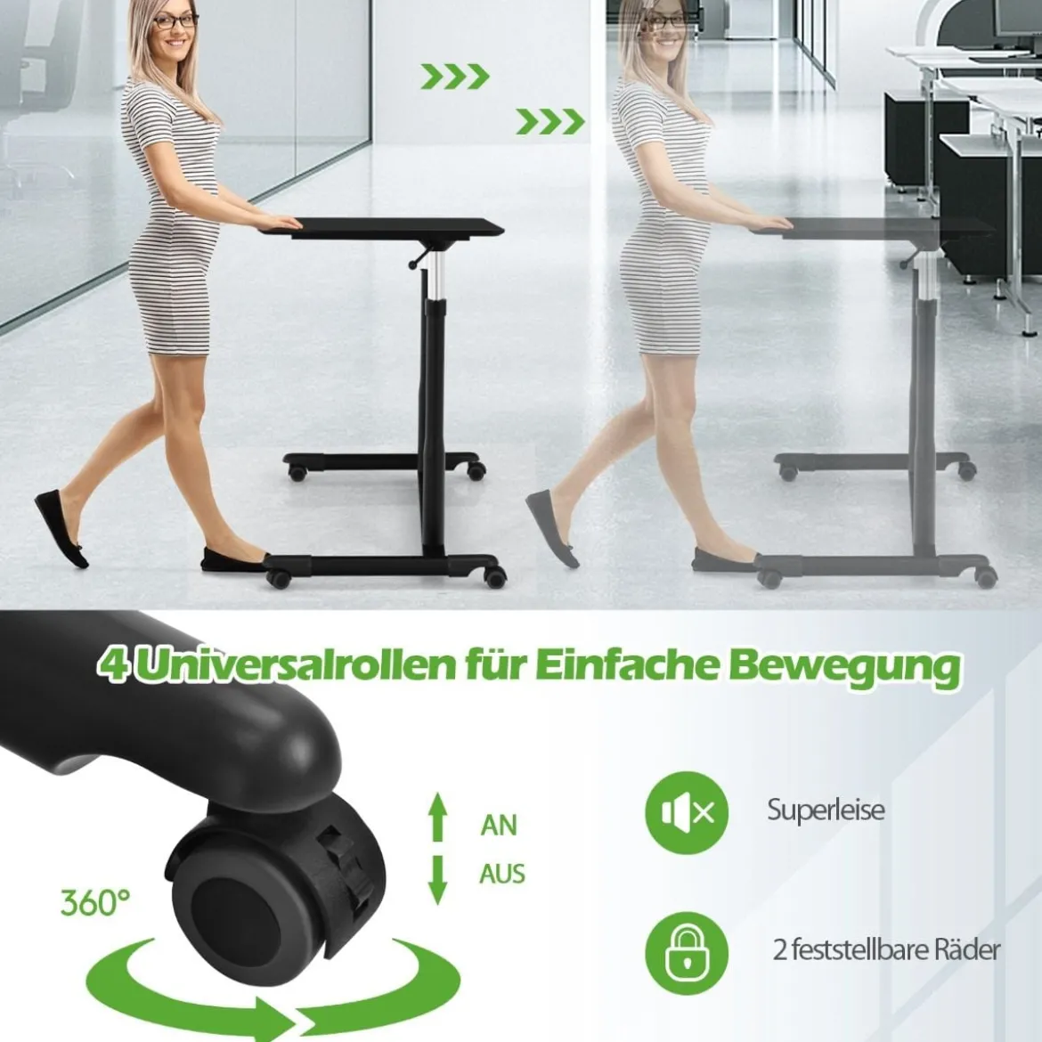 Laptoptisch Computertisch mit 4 Rollen Höhenverstellbar 95 x 52 x 70 - 107 cm Schwarz