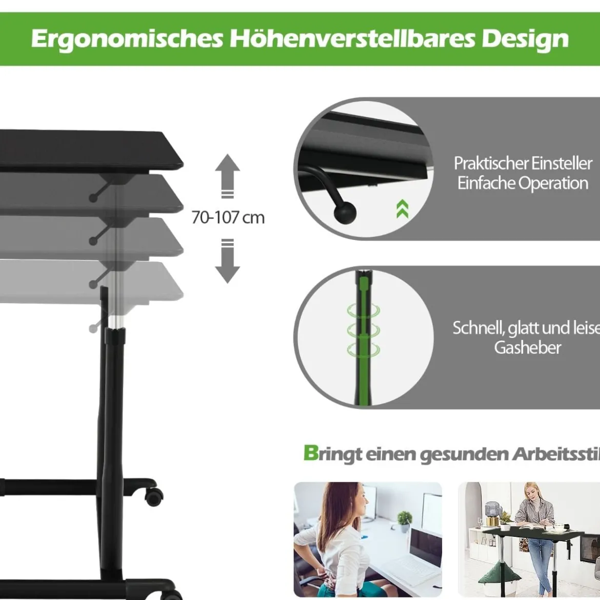 Laptoptisch Computertisch mit 4 Rollen Höhenverstellbar 95 x 52 x 70 - 107 cm Schwarz