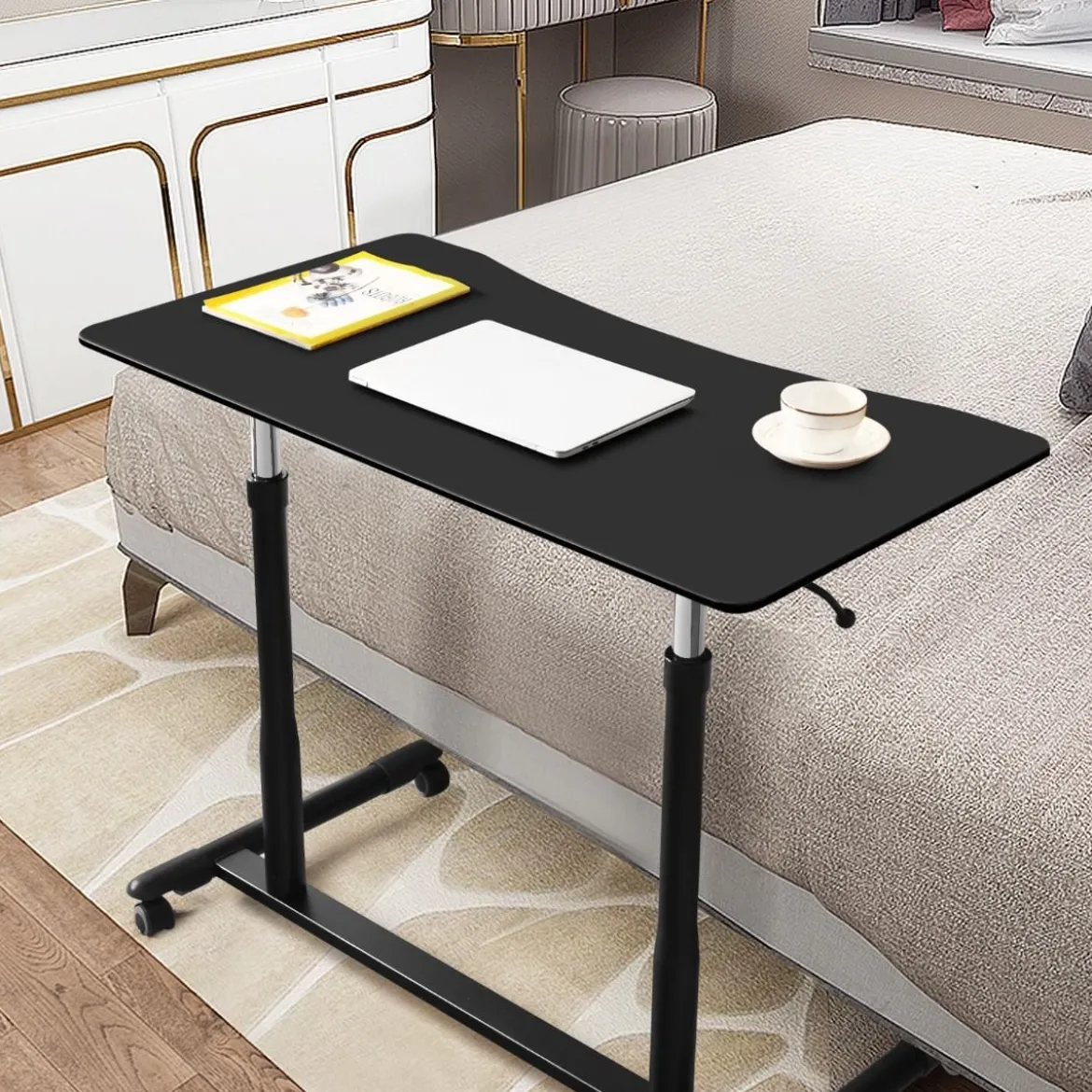 Laptoptisch Computertisch mit 4 Rollen Höhenverstellbar 95 x 52 x 70 - 107 cm Schwarz