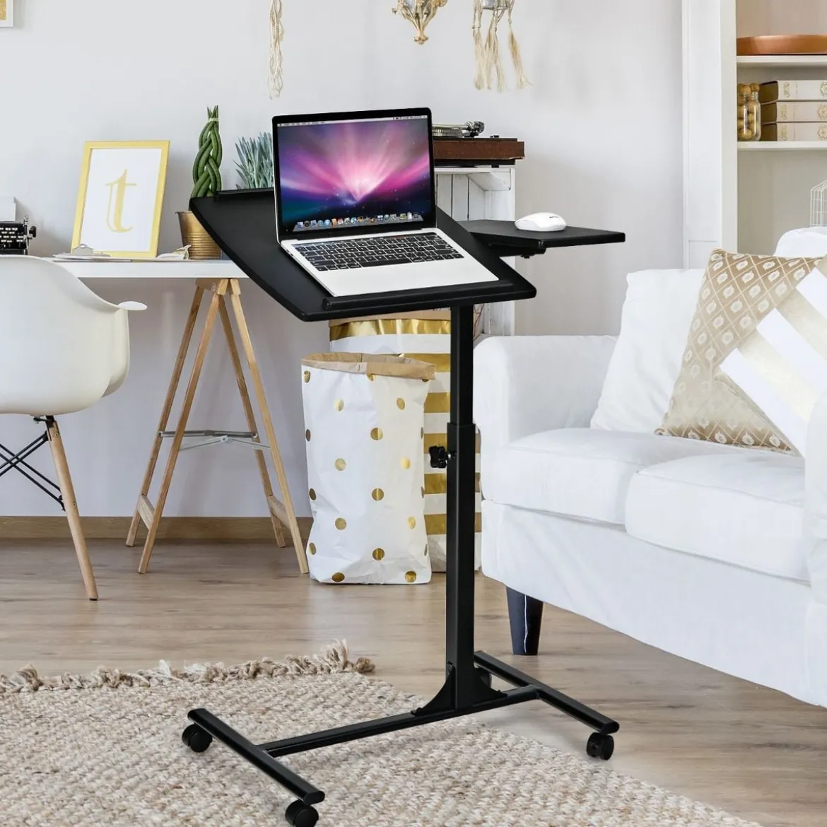 Laptoptisch Höhenverstellbarer Betttisch mit Rollen 64 x 45 x 71-93 cm Schwarz