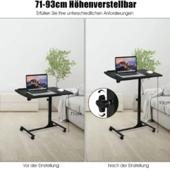 Laptoptisch Höhenverstellbarer Betttisch mit Rollen 64 x 45 x 71-93 cm Schwarz