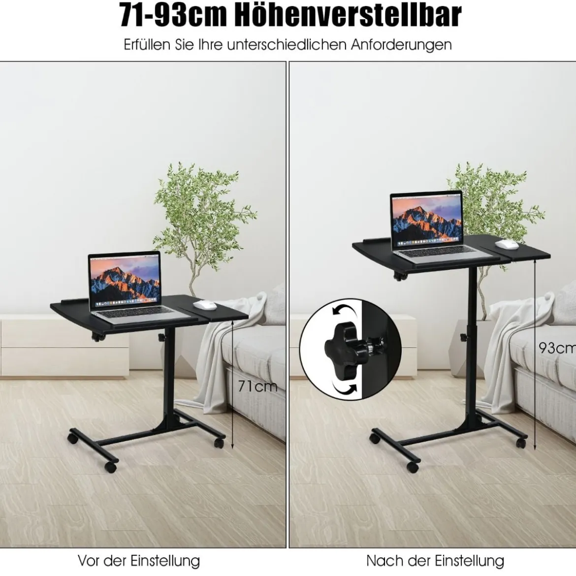 Laptoptisch Höhenverstellbarer Betttisch mit Rollen 64 x 45 x 71-93 cm Schwarz