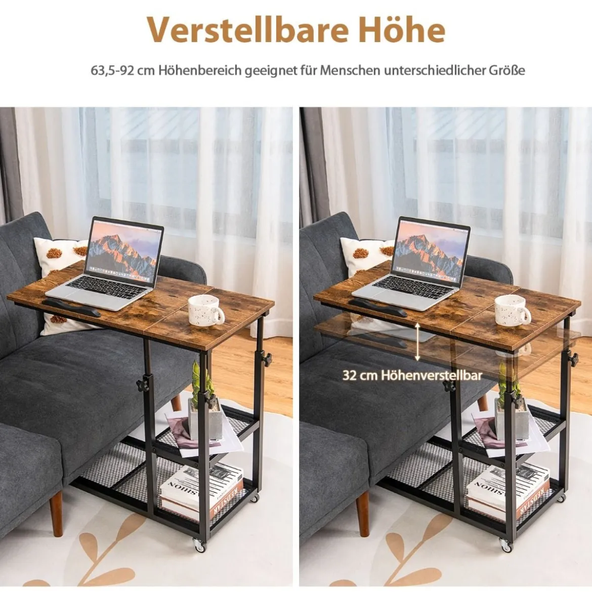 Laptoptisch mit Höhen- und Neigungsverstellbar 3 Ebenen Beistelltisch Vintage