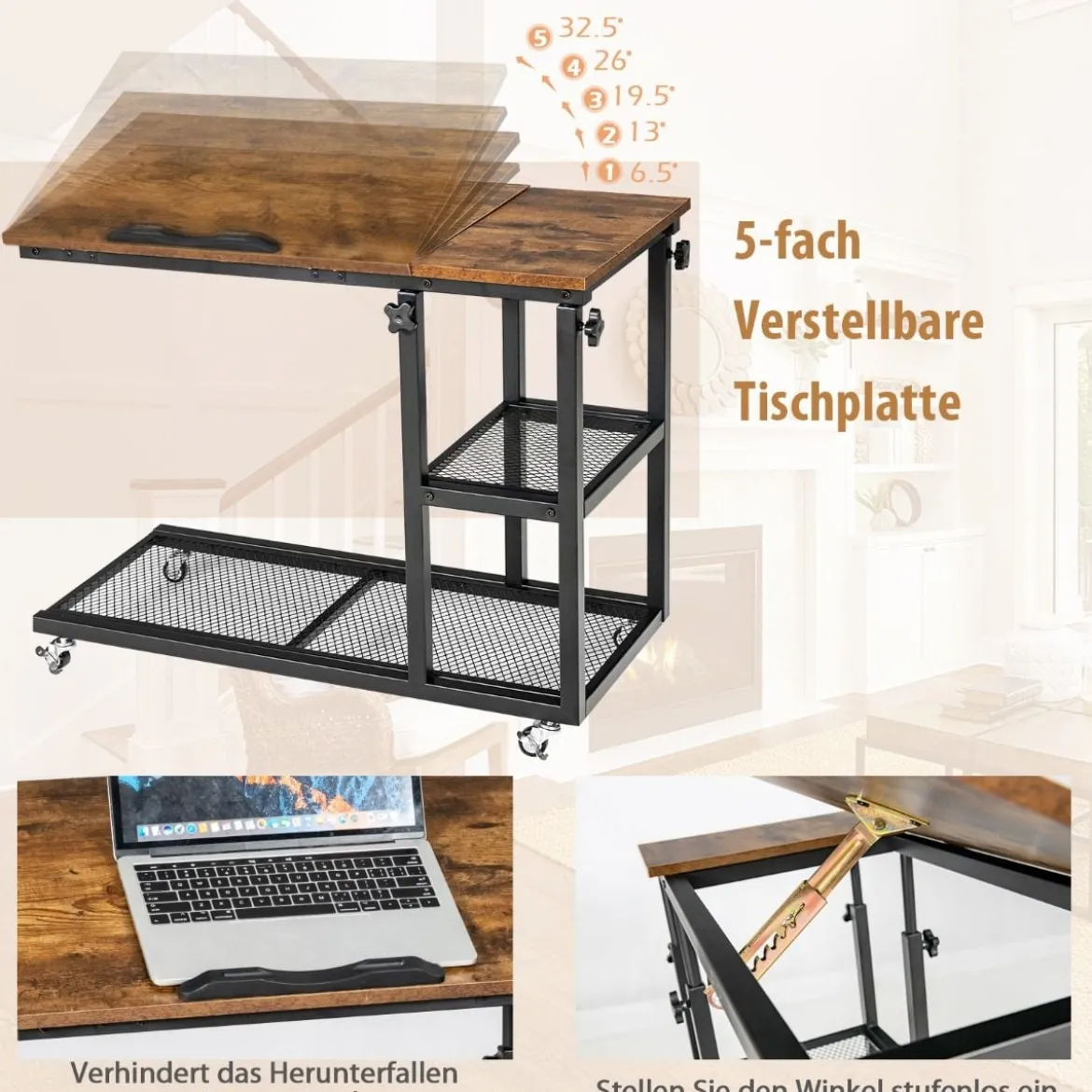 Laptoptisch mit Höhen- und Neigungsverstellbar 3 Ebenen Beistelltisch Vintage