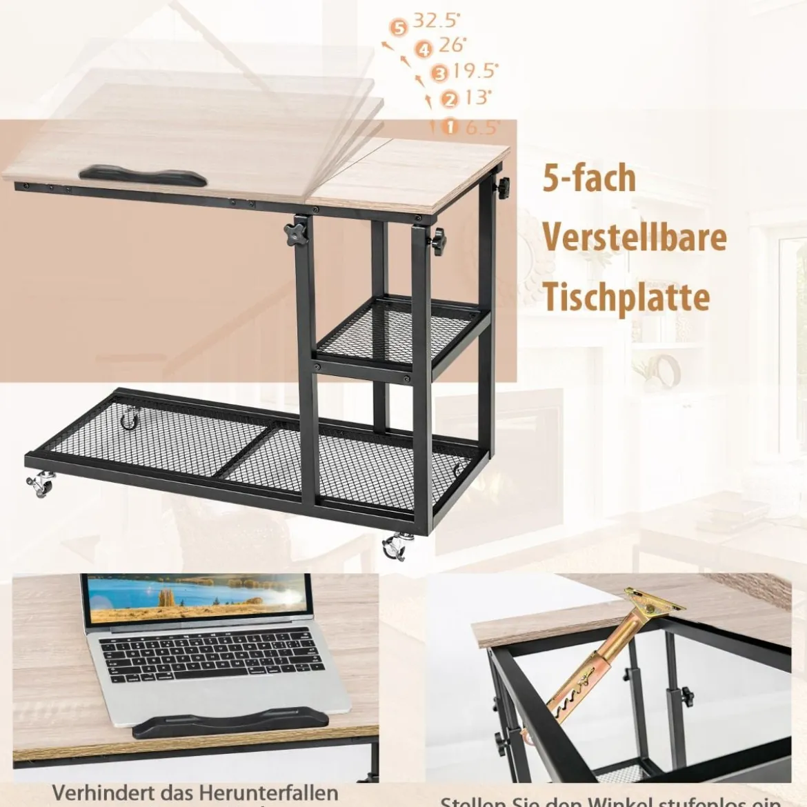 Laptoptisch mit Lagerung Beistelltisch mit Höhen- & Neigungsverstellbar 80 x 40 x 95 cm Natur