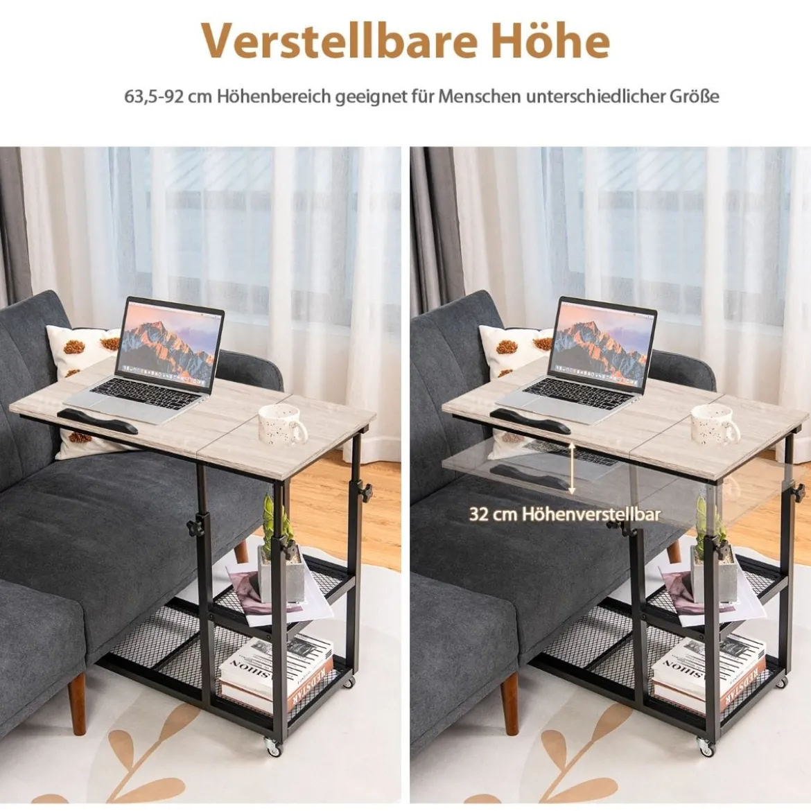 Laptoptisch mit Lagerung Beistelltisch mit Höhen- & Neigungsverstellbar 80 x 40 x 95 cm Natur