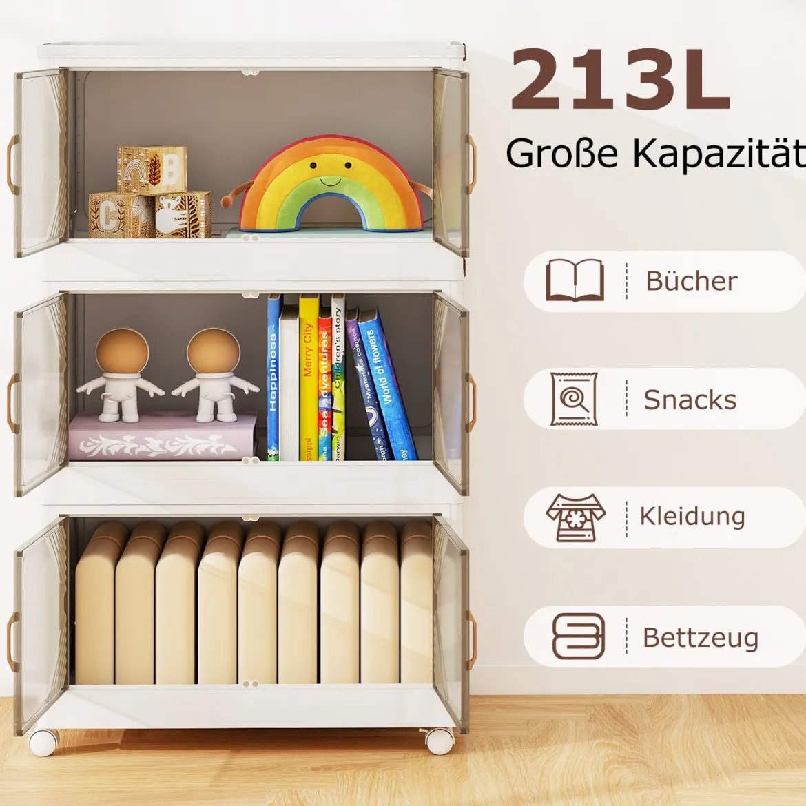 213L Aufbewahrungsboxen mit Deckel Stapelbare Aufbewahrungsbehälter mit Rollen & Türen