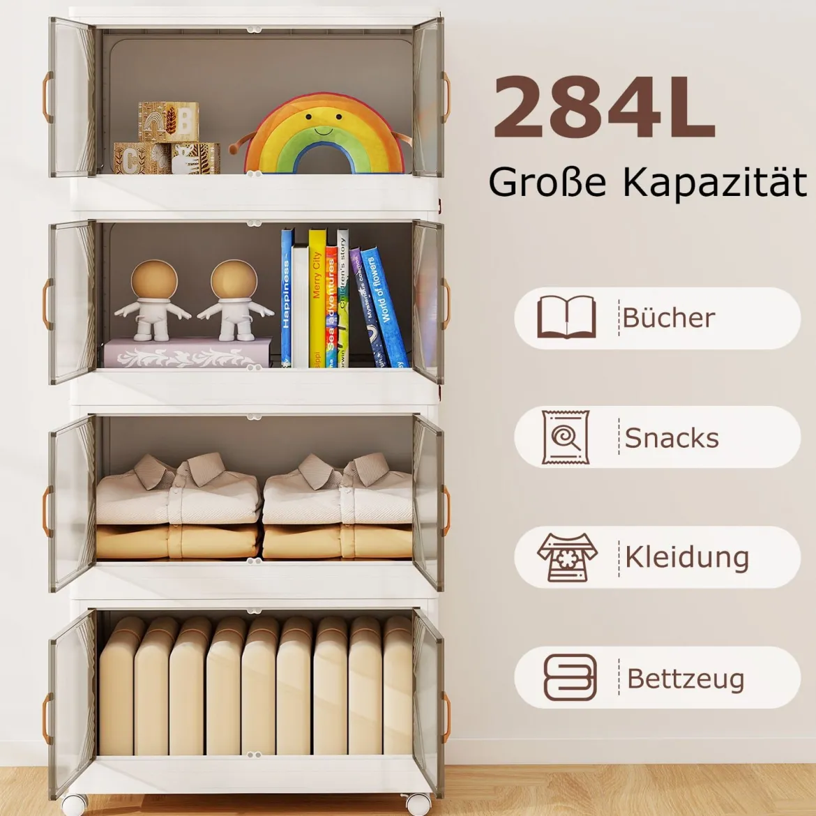 284L Aufbewahrungsboxen mit Deckel Stapelbare Aufbewahrungsbehälter mit Rollen & Türen