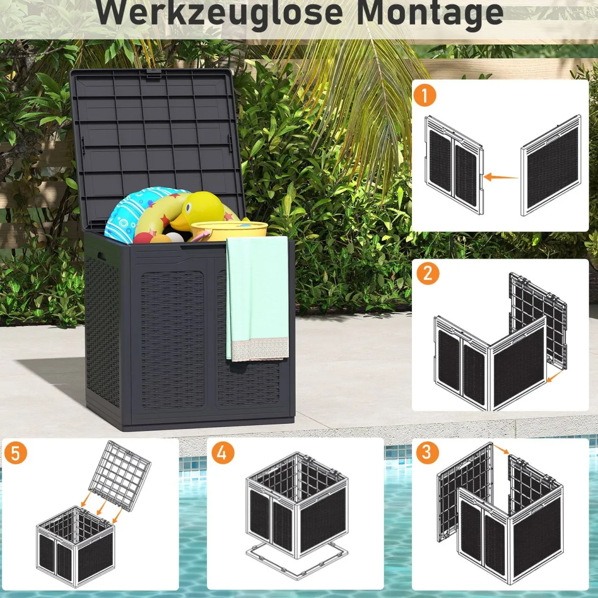 145 L Aufbewahrungsbox mit PP-Deckel & Rattanmuster Outdoor Aufbewahrungsbehälter Braun