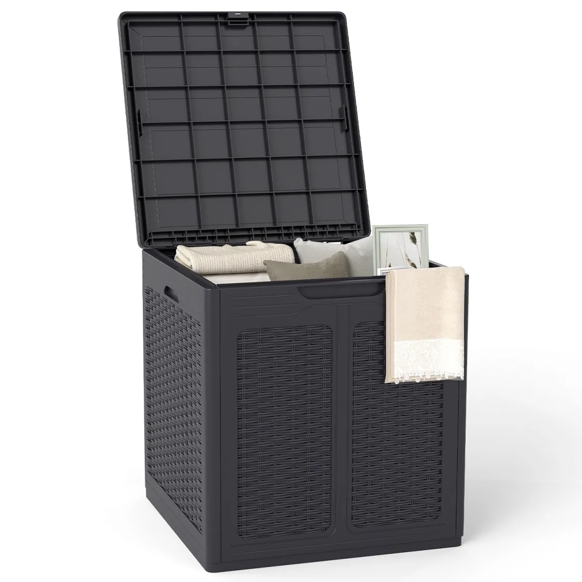145 L Aufbewahrungsbox mit PP-Deckel & Rattanmuster Outdoor Aufbewahrungsbehälter Braun