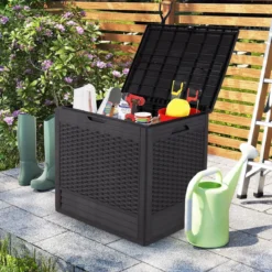96 L Aufbewahrungsbox Outdoor Auflagenbox mit PP-Deck Rattanmustern & abschließbarem Deckel Braun