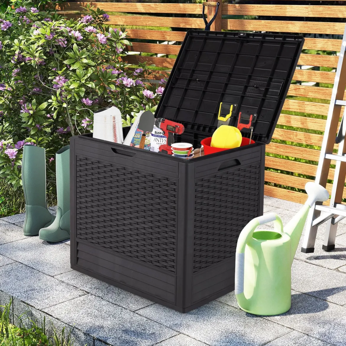 96 L Aufbewahrungsbox Outdoor Auflagenbox mit PP-Deck Rattanmustern & abschließbarem Deckel Braun