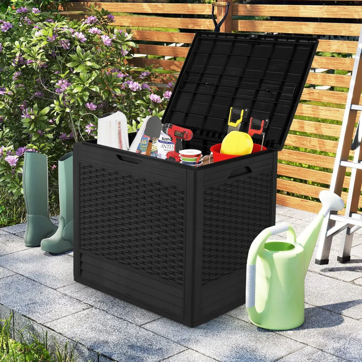 96 L Aufbewahrungsbox Outdoor Auflagenbox mit PP-Deck Rattanmustern & abschließbarem Deckel Schwarz