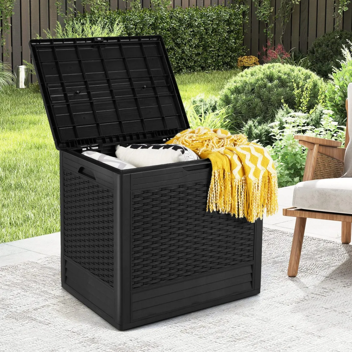 96 L Aufbewahrungsbox Outdoor Auflagenbox mit PP-Deck Rattanmustern & abschließbarem Deckel Schwarz