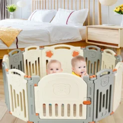 Laufgitter Baby Laufstall Kinder Schutzgitter Absperrgitter mit Tür Beige und Grau