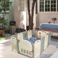 Laufgitter Baby Laufstall Kinder Schutzgitter Absperrgitter mit Tür Beige und Grau