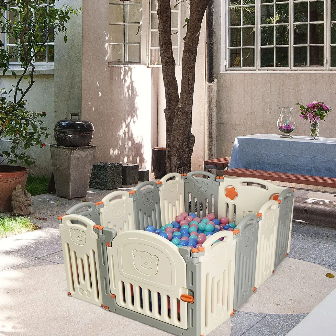 Laufgitter Baby Laufstall Kinder Schutzgitter Absperrgitter mit Tür Beige und Grau