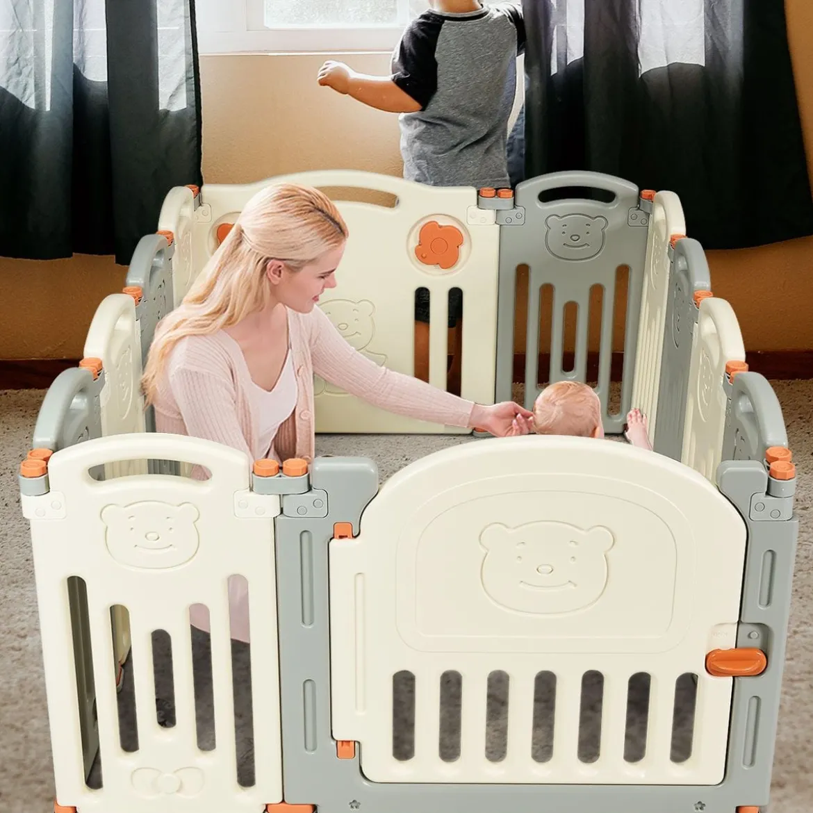 Laufgitter Baby Laufstall Kinder Schutzgitter Absperrgitter mit Tür Beige und Grau
