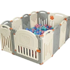 Laufgitter Baby Laufstall Kinder Schutzgitter Absperrgitter mit Tür Beige und Grau