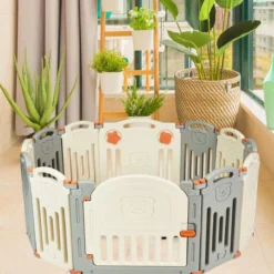 Laufgitter Baby Laufstall Kinder Schutzgitter Absperrgitter mit Tür Beige und Grau