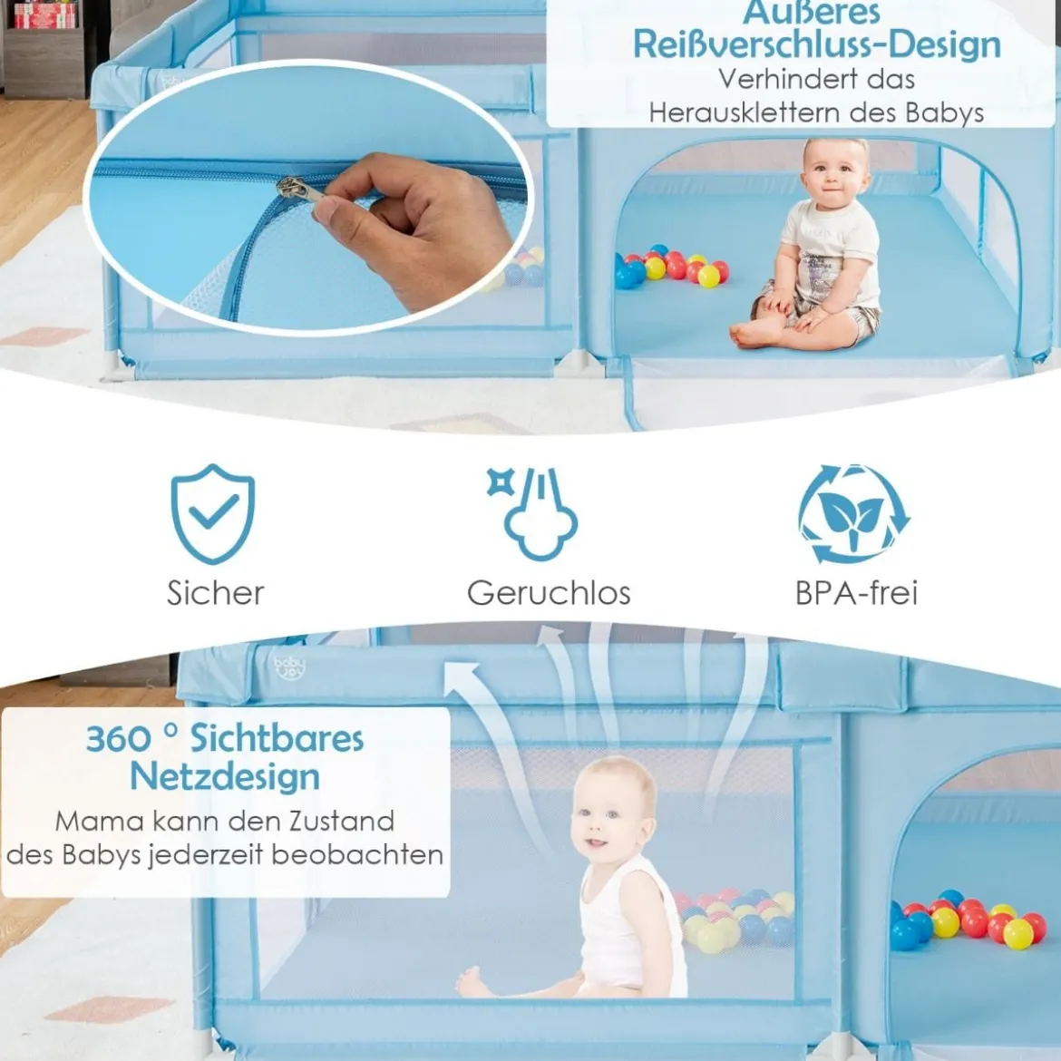 Laufgitter Baby Laufstall mit 50 Bällen & 2 Türen für Kinder 205 x 147 x 68 cm Grau
