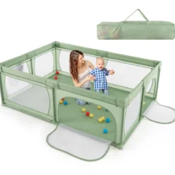 Laufgitter Baby Laufstall mit 50 Bällen & 2 Türen & Atmungsaktivem Netz Laufgitterzelt 205 x 147 cm Grün