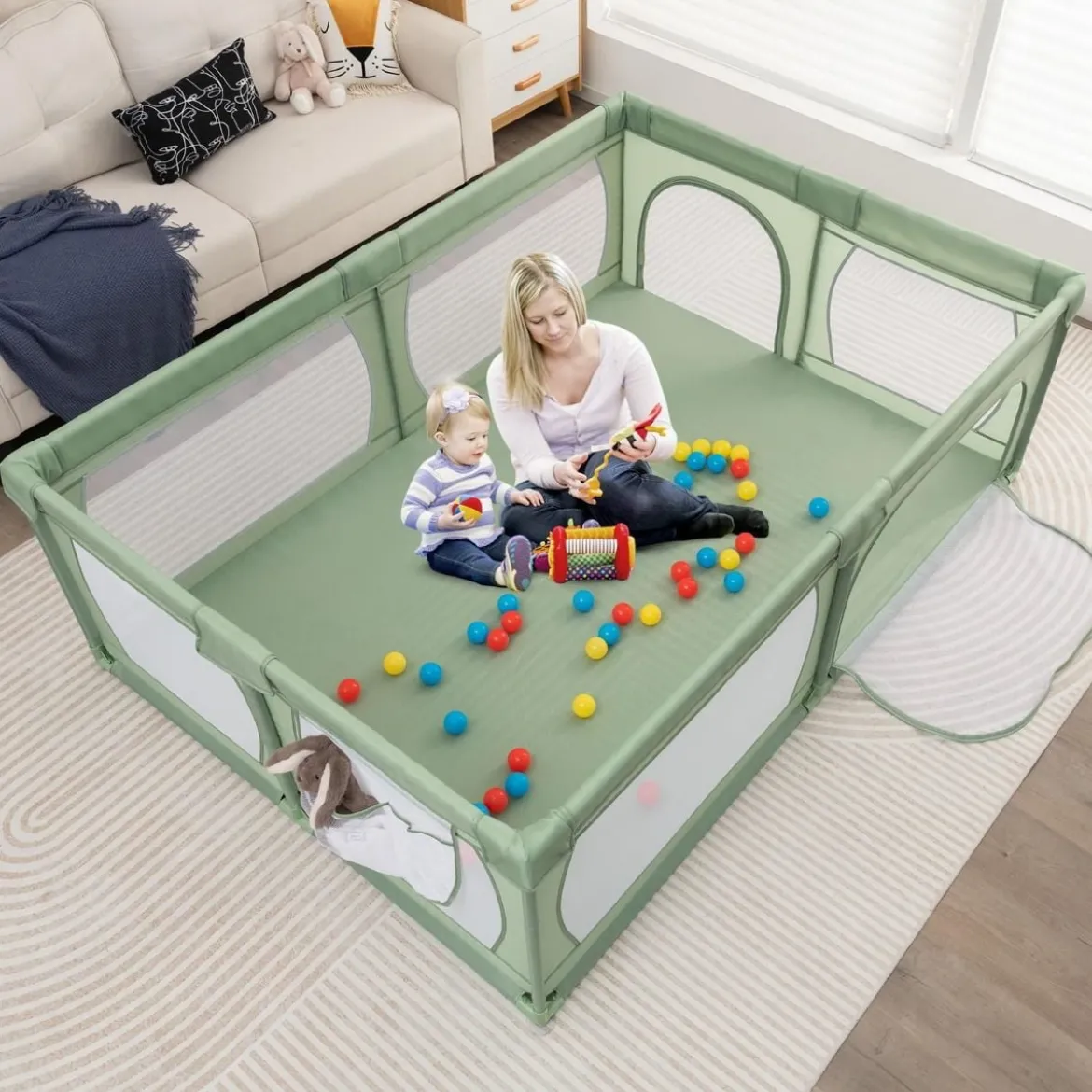 Laufgitter Baby Laufstall mit 50 Bällen & 2 Türen & Atmungsaktivem Netz Laufgitterzelt 205 x 147 cm Grün