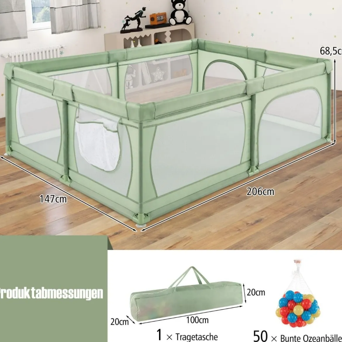 Laufgitter Baby Laufstall mit 50 Bällen & 2 Türen & Atmungsaktivem Netz Laufgitterzelt 205 x 147 cm Grün