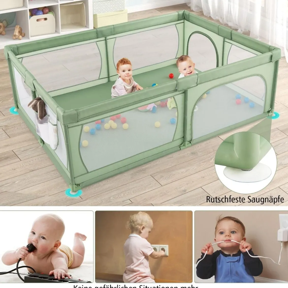 Laufgitter Baby Laufstall mit 50 Bällen & 2 Türen & Atmungsaktivem Netz Laufgitterzelt 205 x 147 cm Grün