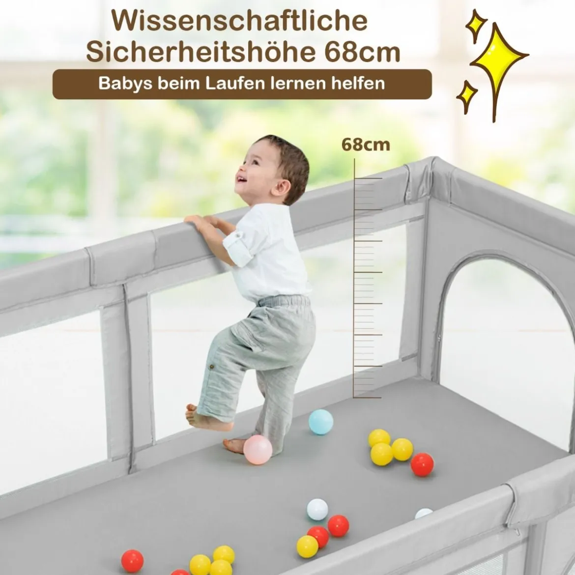 Laufgitter Baby Laufstall mit 50 Bällen & 2 Türen & Atmungsaktivem Netz 205 x 147 x 68 cm Grau