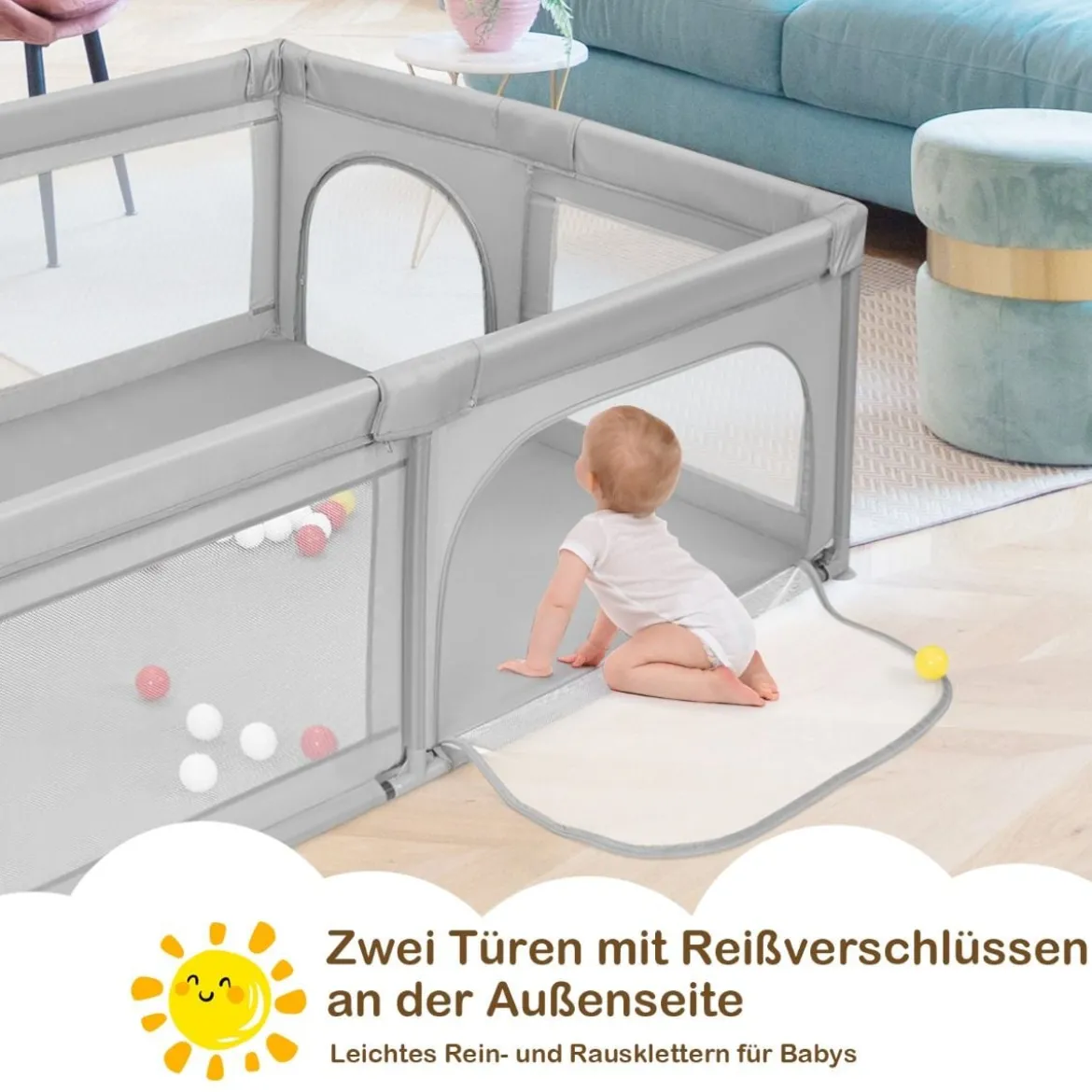 Laufgitter Baby Laufstall mit 50 Bällen & 2 Türen & Atmungsaktivem Netz 205 x 147 x 68 cm Grau