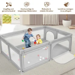 Laufgitter Baby Laufstall mit 50 Bällen & 2 Türen & Atmungsaktivem Netz 205 x 147 x 68 cm Grau