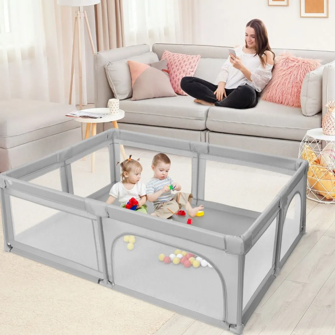 Laufgitter Baby Laufstall mit 50 Bällen & 2 Türen & Atmungsaktivem Netz 205 x 147 x 68 cm Grau