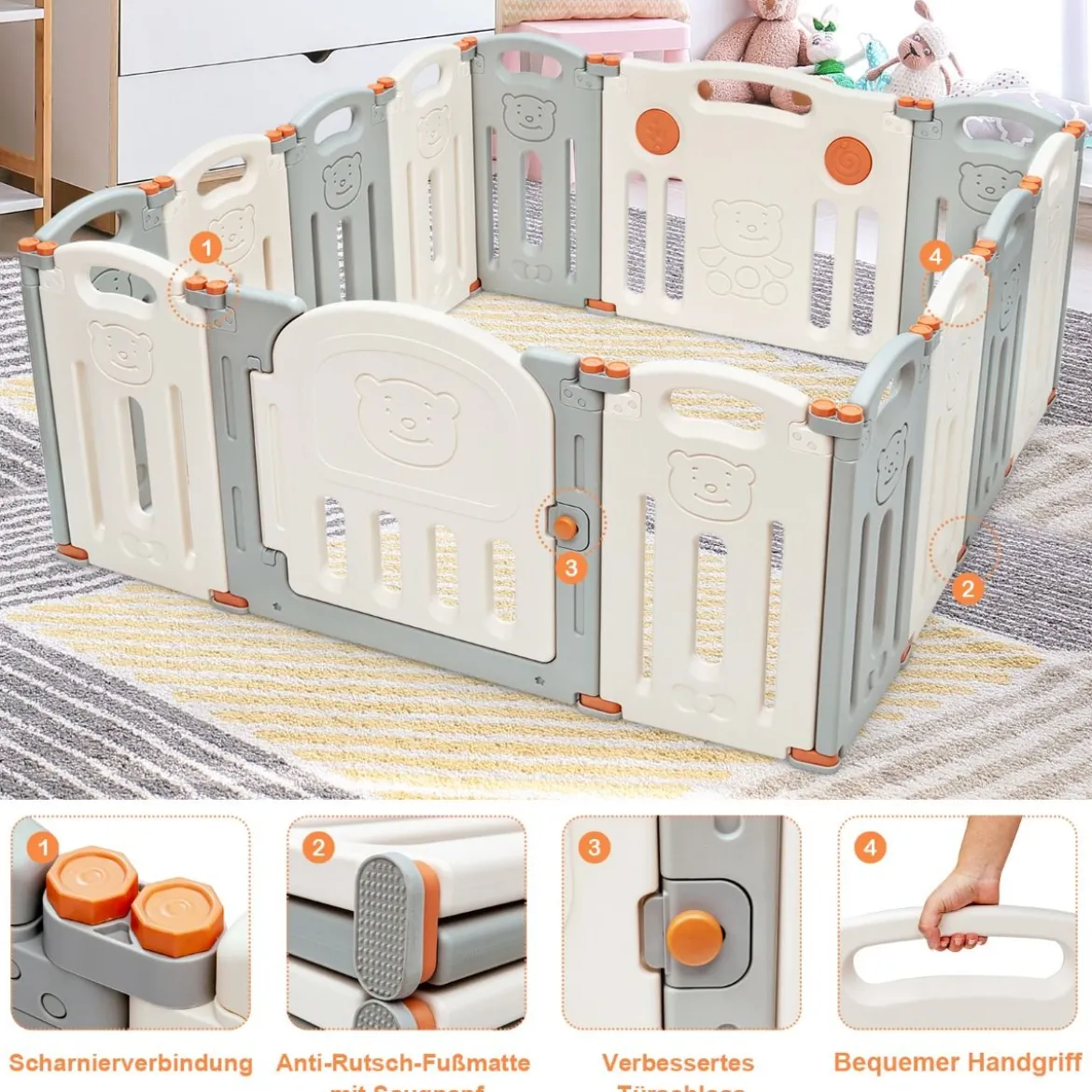 Laufgitter Faltbar Baby Krabbelgitter Absperrgitter Schutzgitter Beige und Grau