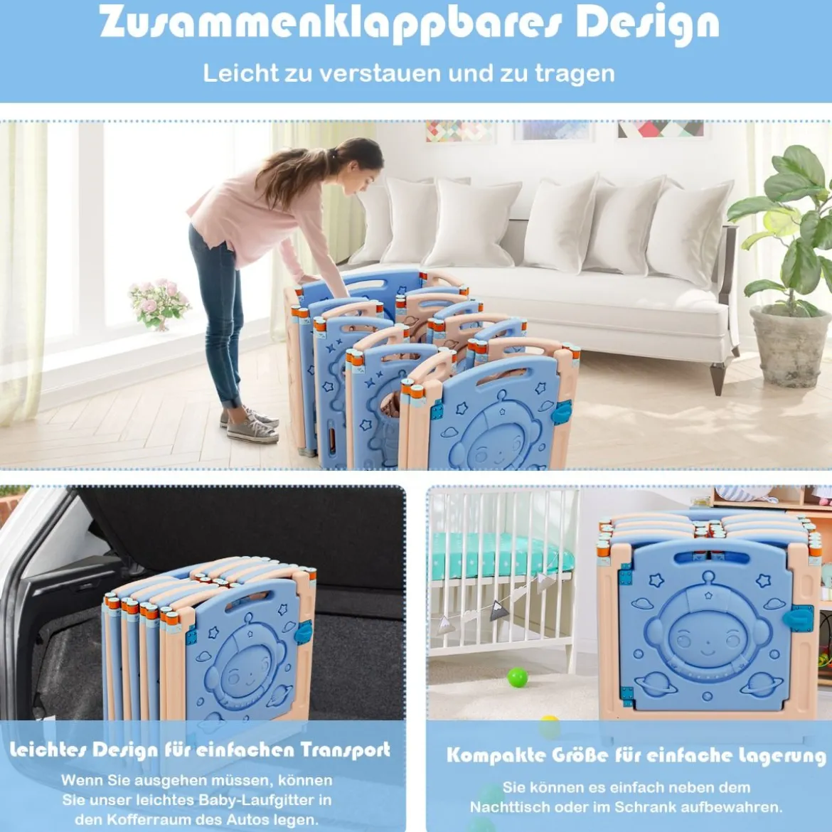 Laufgitter mit Tür und Spielzeugboard Baby Laufstall faltbar Absperrgitter aus Kunststoff Blau