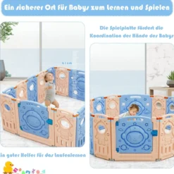 Laufgitter mit Tür und Spielzeugboard Baby Laufstall faltbar Absperrgitter aus Kunststoff Blau