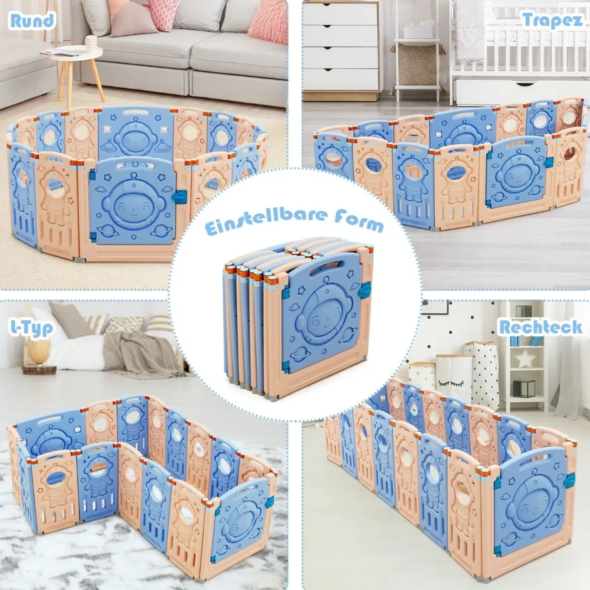 Laufgitter mit Tür und Spielzeugboard Baby Laufstall faltbar Absperrgitter aus Kunststoff Blau
