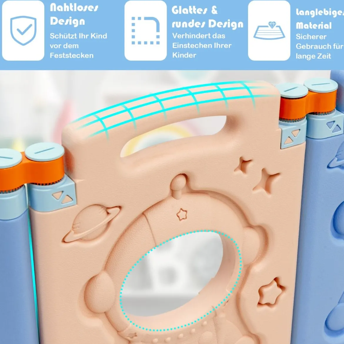 Laufgitter mit Tür und Spielzeugboard Baby Laufstall faltbar Absperrgitter aus Kunststoff Blau