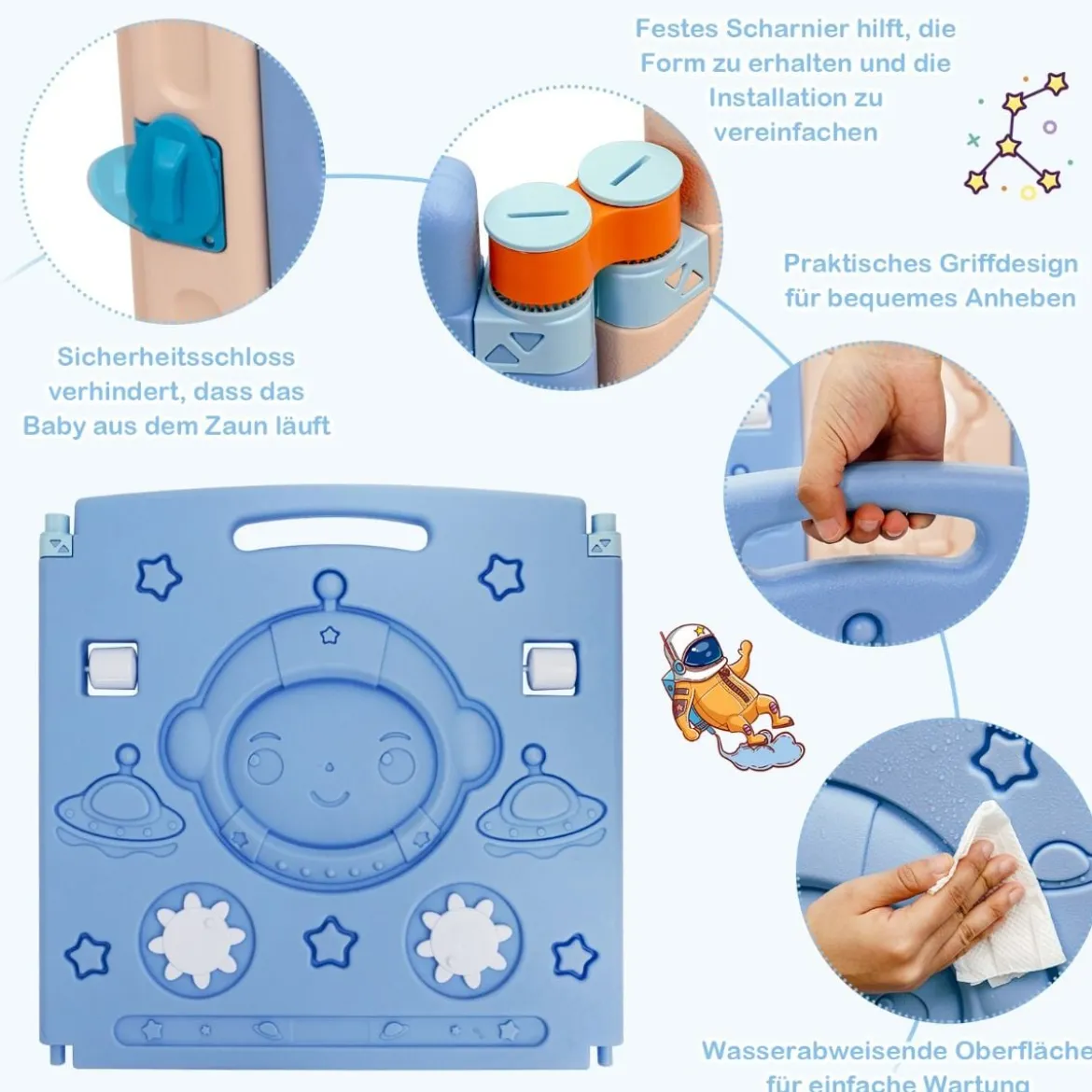 Laufgitter mit Tür und Spielzeugboard Baby Laufstall faltbar Absperrgitter aus Kunststoff Blau