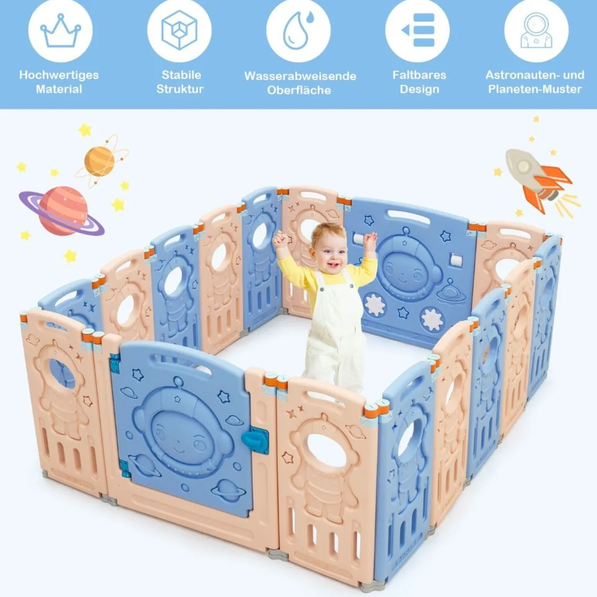 Laufgitter mit Tür und Spielzeugboard Baby Laufstall faltbar Absperrgitter aus Kunststoff Blau