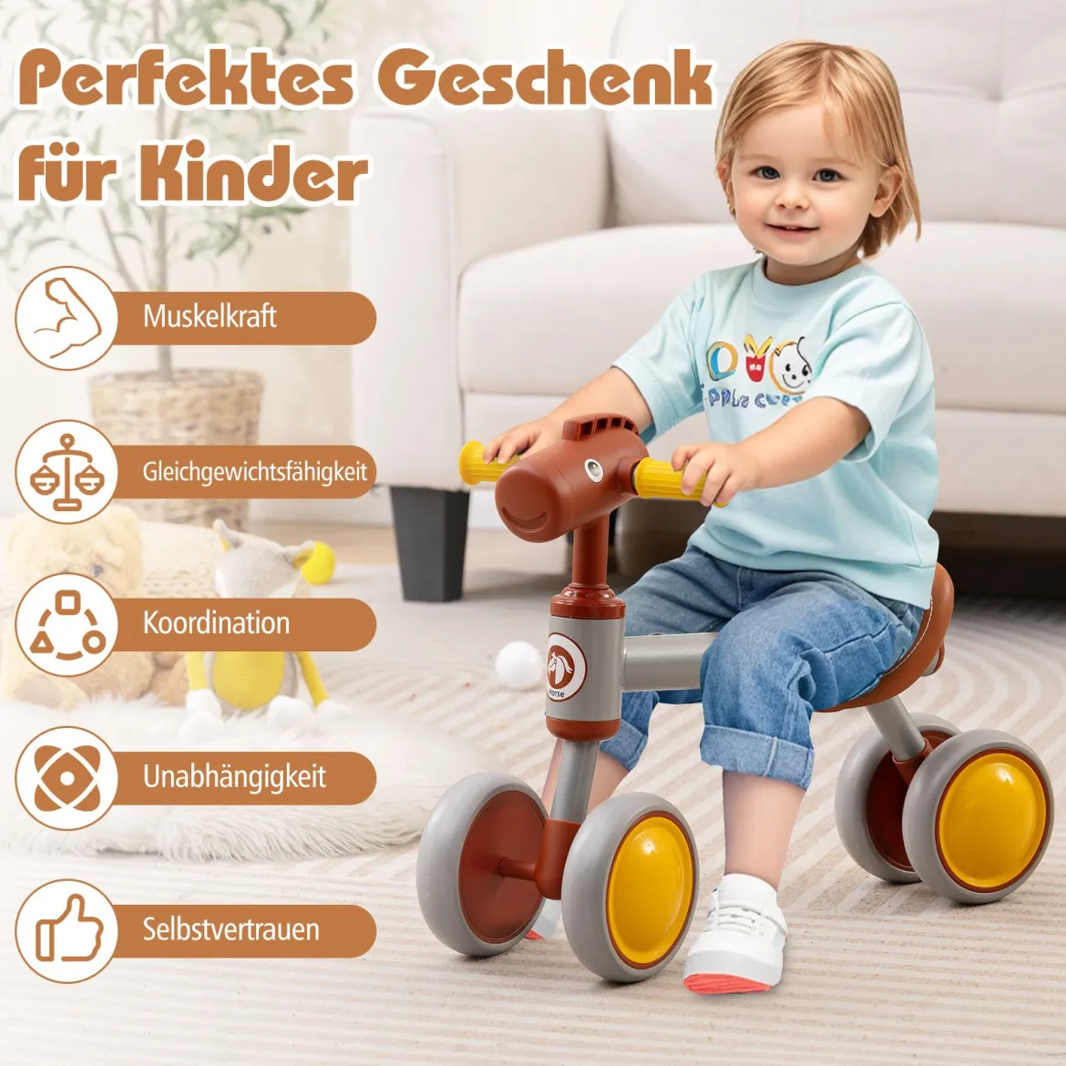Laufrad Lauflernrad 4 Räder Kinderlaufrad ohne Pedal Balance Fahrrad für Kinder 18-36 Monate