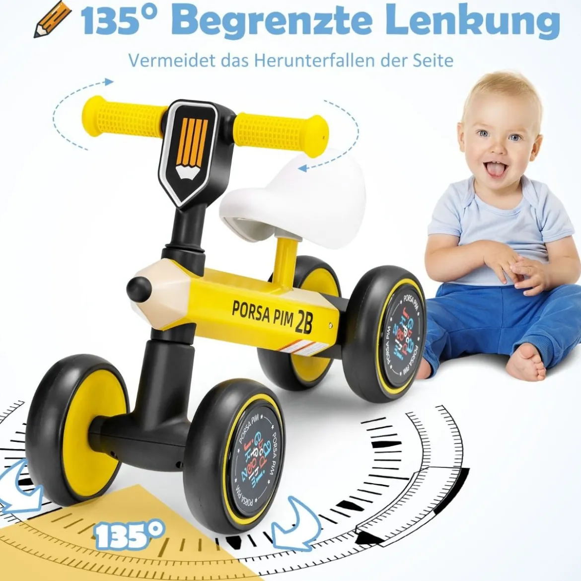 Laufrad mit 135-Grad-begrenzter Lenkung für Babys im Alter von 10–24 Monate Gelb