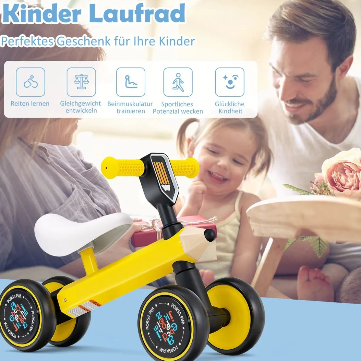 Laufrad mit 135-Grad-begrenzter Lenkung für Babys im Alter von 10–24 Monate Gelb