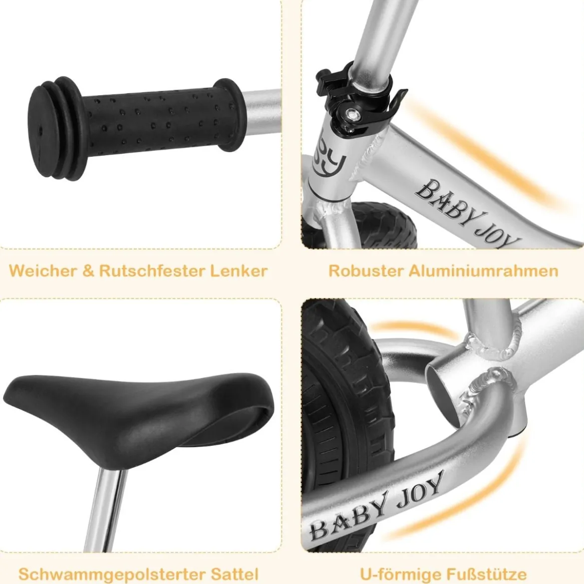 Laufrad mit verstellbarem Lenker & Sitz Balance Fahrrad ohne Pedal für 2-7 Jahre Jungen und Mädchen Silbern