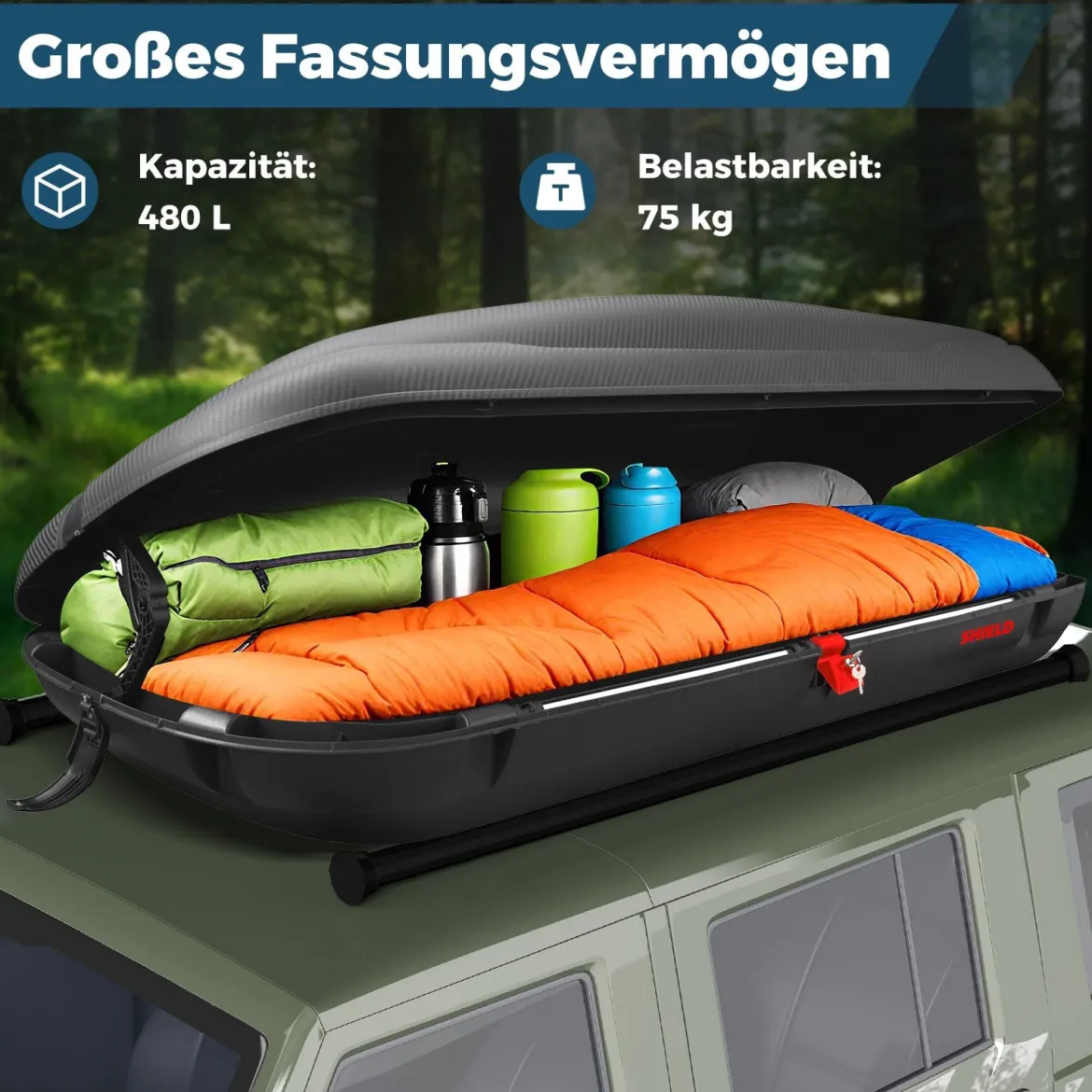 400L Auto Dachbox Abschießbarer Dachkoffer mit Zentralverriegelung & Schlüsseln & Gurten